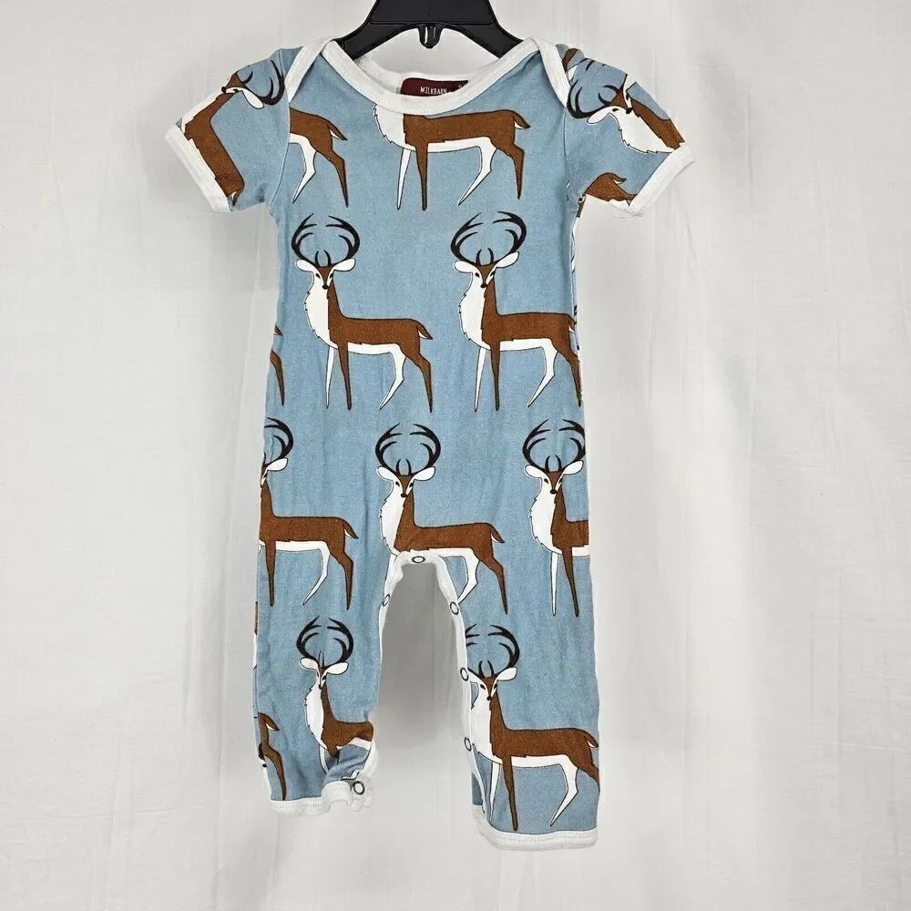 Milkbarn Deer Romper In Blue Short Sleeve Baby Size 3-6M Short Sleeve